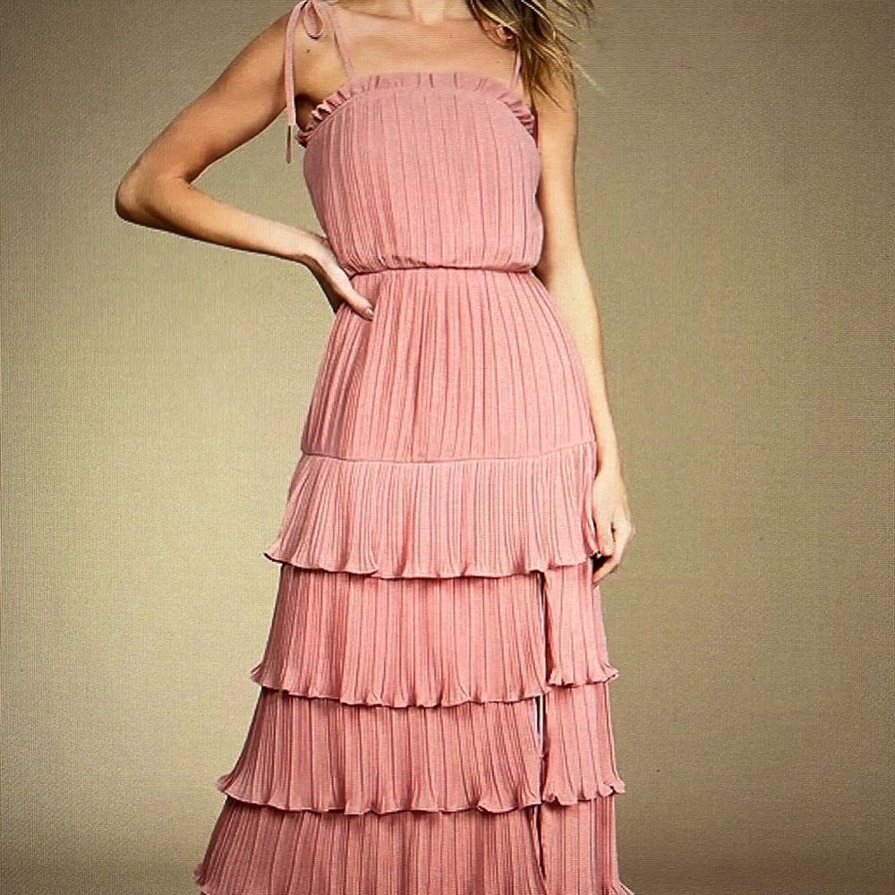 Lulus Playing Cupid Pink Pleated Tiered Ruffled‎ Tie-Strap Maxi Dress